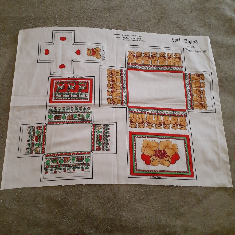 VTG Cottagecore Fabric Sewing Panel Teddy Bear Flowers Soft Boxes Cut Sew 1981