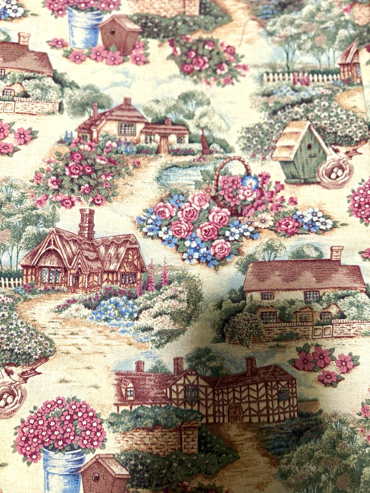 Scenic Cottage Theme Multicolor Cotton Quilting Fabric Piece, Cottage Print