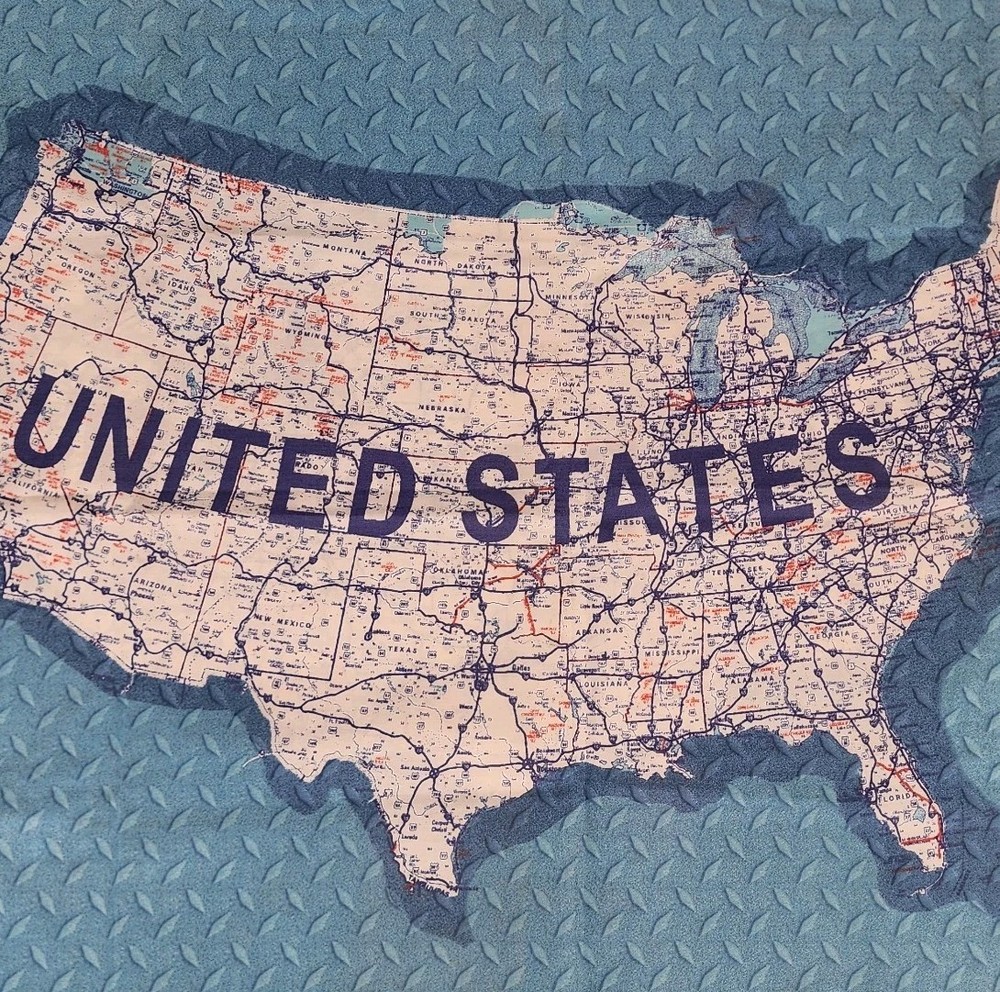 United States Map Fabric Quilt Panel Cotton Road Interstate Diamond Plate Blue