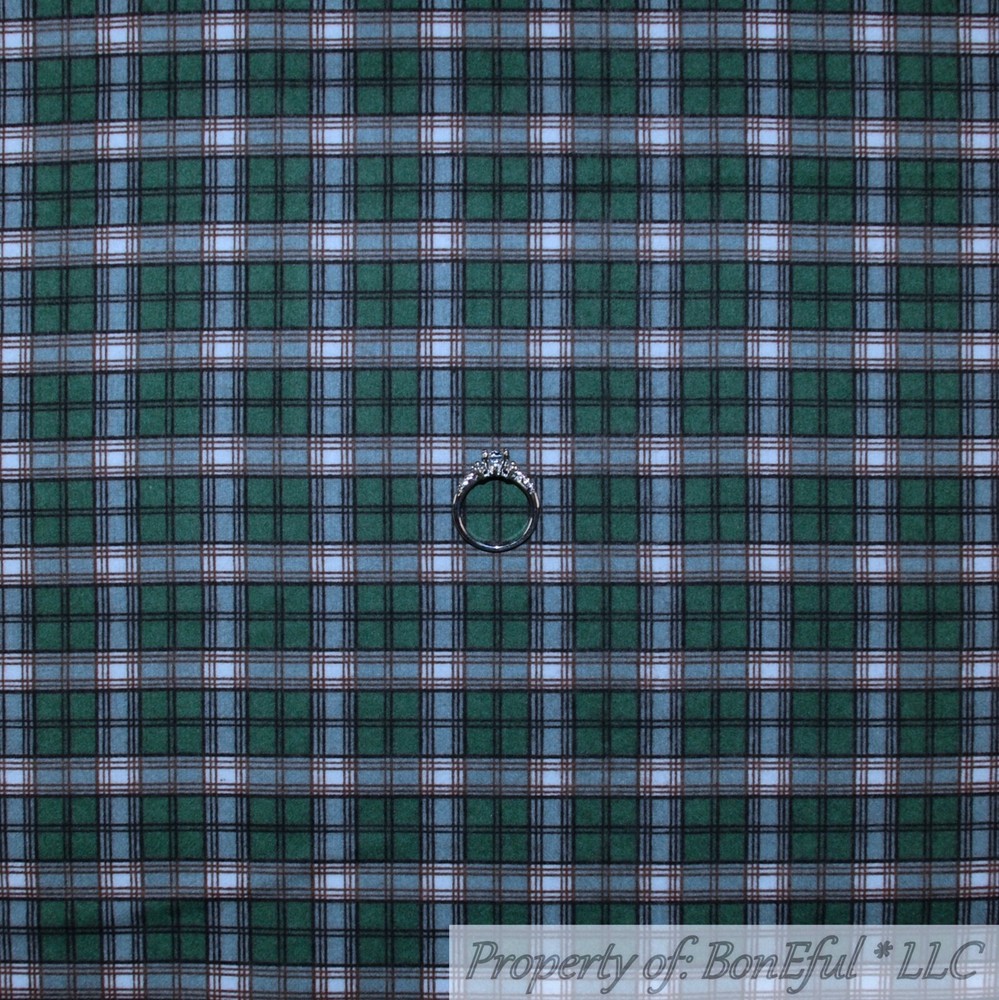 BonEful Fabric FQ Cotton Flannel Quilt Woven Green Brown Boy Scout Plaid Stripe