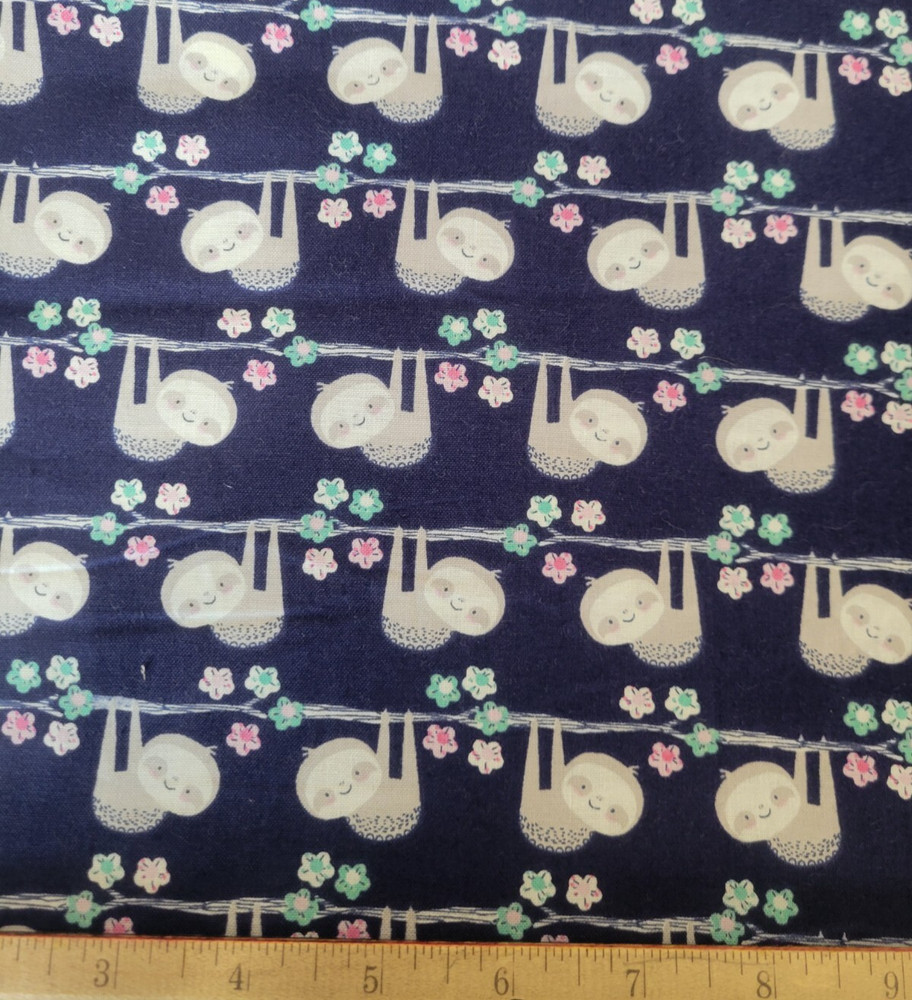 Sloth Cotton Fabric Navy Blue with Flowers very adorable NEW Unwashed