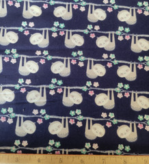 Sloth Cotton Fabric Navy Blue with Flowers very adorable NEW Unwashed