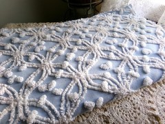 Coastal Vtg Chenille Bedspread Fabric Blue White Wedding Ring Pop Design 24×18″