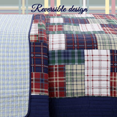 Navy Blue Green Red Plaid 100% Cotton Quilt Bedding Set, Reversible Coverlet, Be