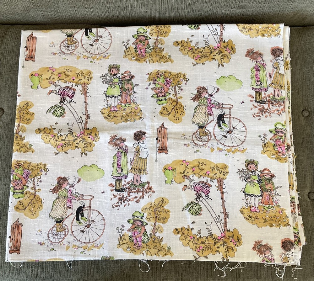 Vintage Holly Hobbie Fabric 2 yards – Woven linen look – Neutral cottage core