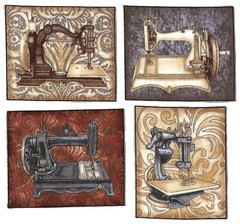 FOUR Vintage Sewing Machine Iron On Applique Fabric Blocks Classics #522