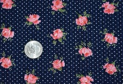 Vintage Plisse Fabric Navy Blue Pink Rose Polka Dot Textured Cotton 39″ Wide