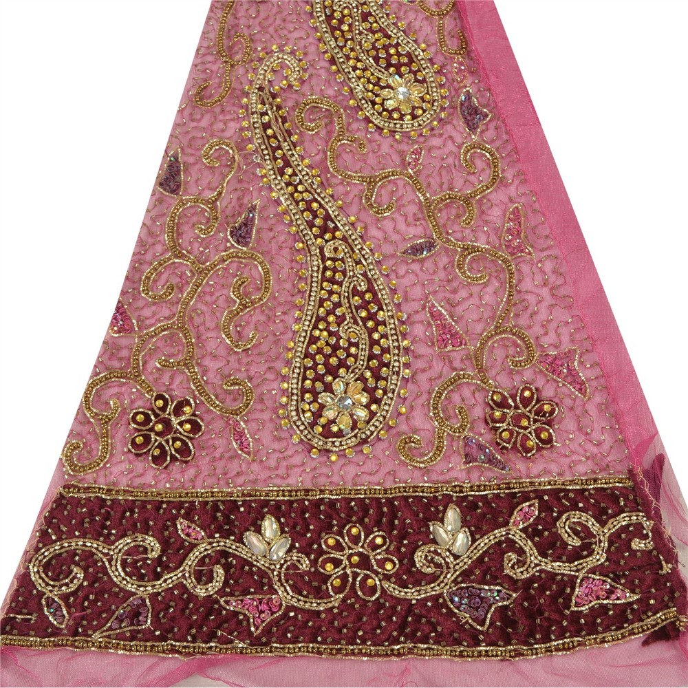 Sanskriti Saskriti Vintage Design Net Mesh Fabric Hand Beaded Pink Patch Work De