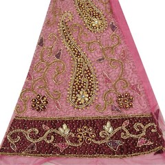 Sanskriti Saskriti Vintage Design Net Mesh Fabric Hand Beaded Pink Patch Work De