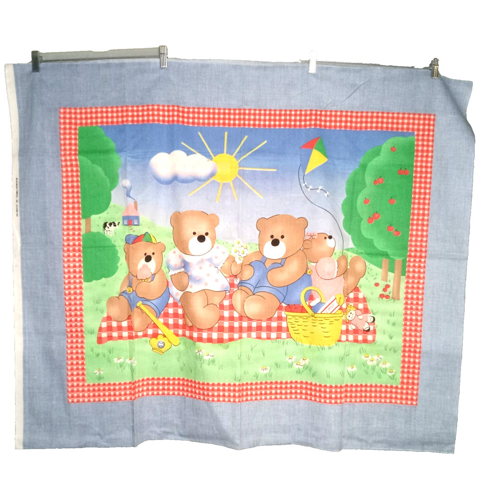 Vintage Baby Quilt Panel Fabric Teddy Bear Picnic Crib Blanket Craft 43×35.5