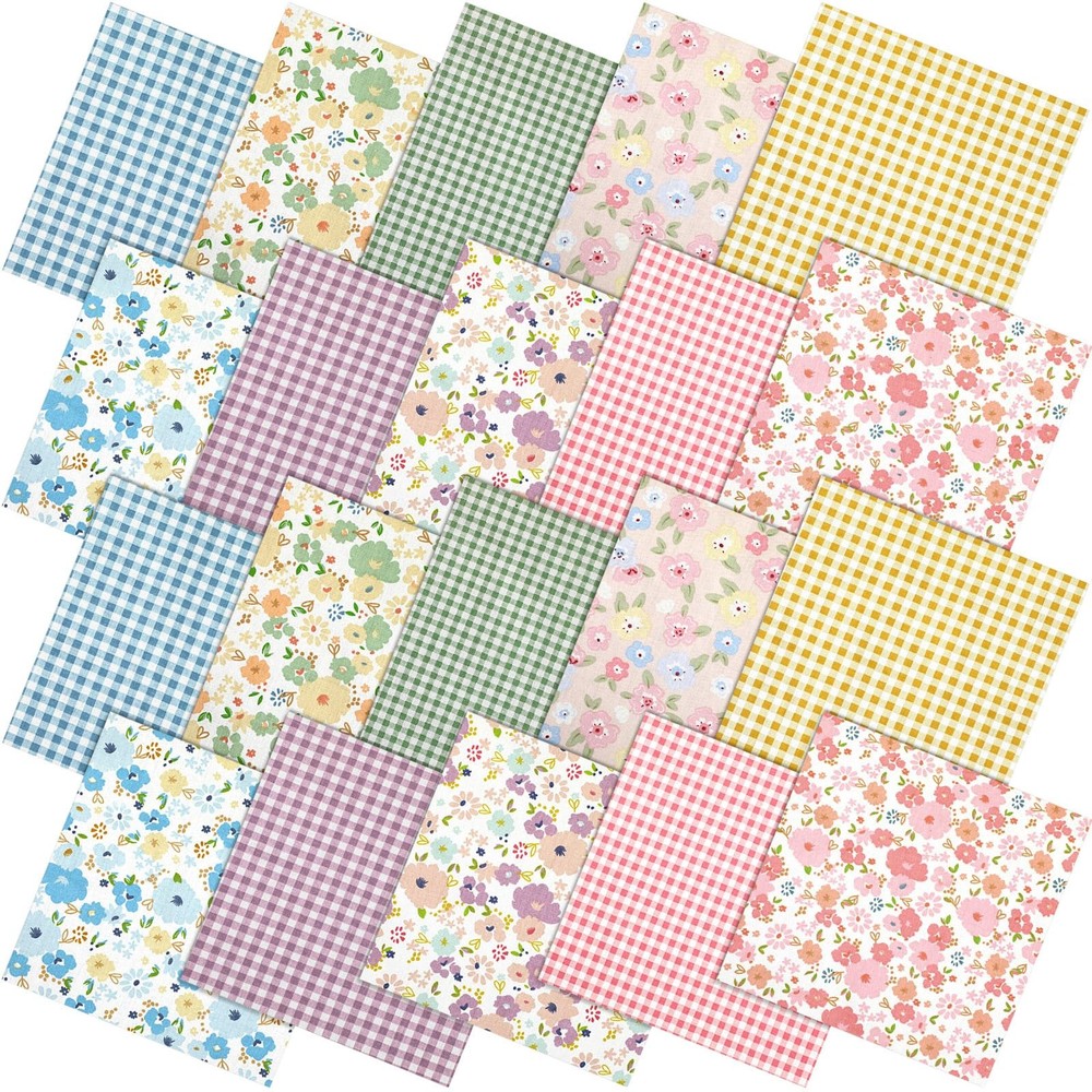 Hahafelt 10 Pcs Floral Gingham Quilting Fabric Bundles 20 x 20 Inch