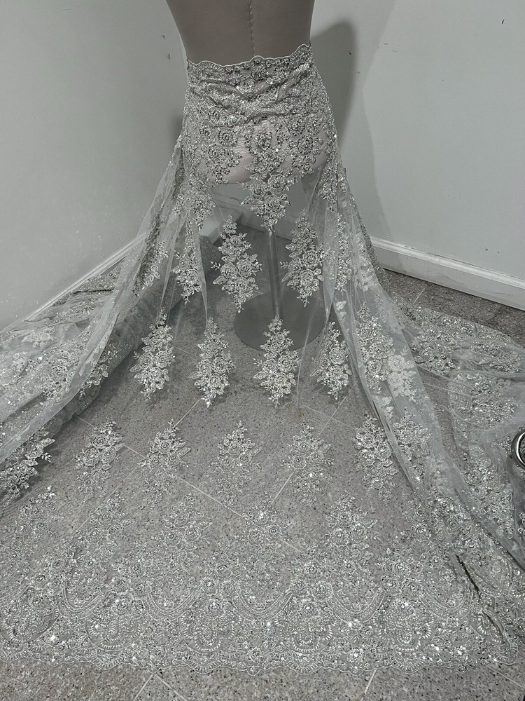 Silver White Heavy Beaded Sequins Embroidery Bridal Lace Fabric 50” Width 1 Yard