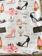 White Fabric Fashion Print Shoes Bags Flowers Perfume 100% Cotton 2 yds x 44”