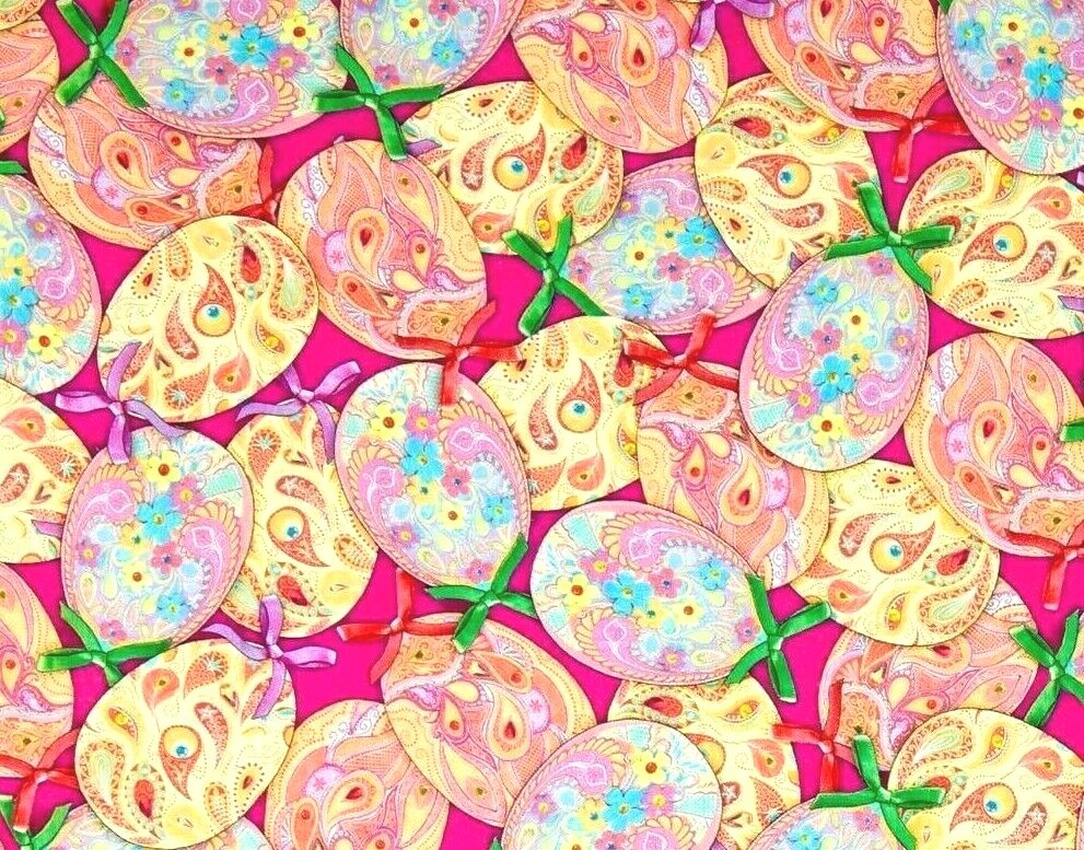 FAT QUARTER HAPPY EASTER PAINTED EGG FABRIC PACKED EGGS & BOWS QUILTING TREASURE