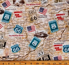 Cotton Vintage Route 66 Antique Map Road Trip Travel Fabric Print BTY D306.65
