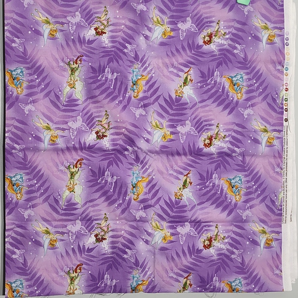 2.5yd Disney Tinkerbell Fairies Leaves Butterflies Purple Cotton Fabric CP24739
