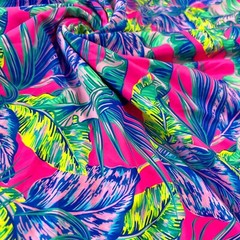 Blue Leaves Hot Pink background Print Nylon Spandex Fabric 4 Way Stretch