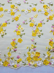 Yellow 3d floral Daisy design embroider with pearls mesh lace 52″