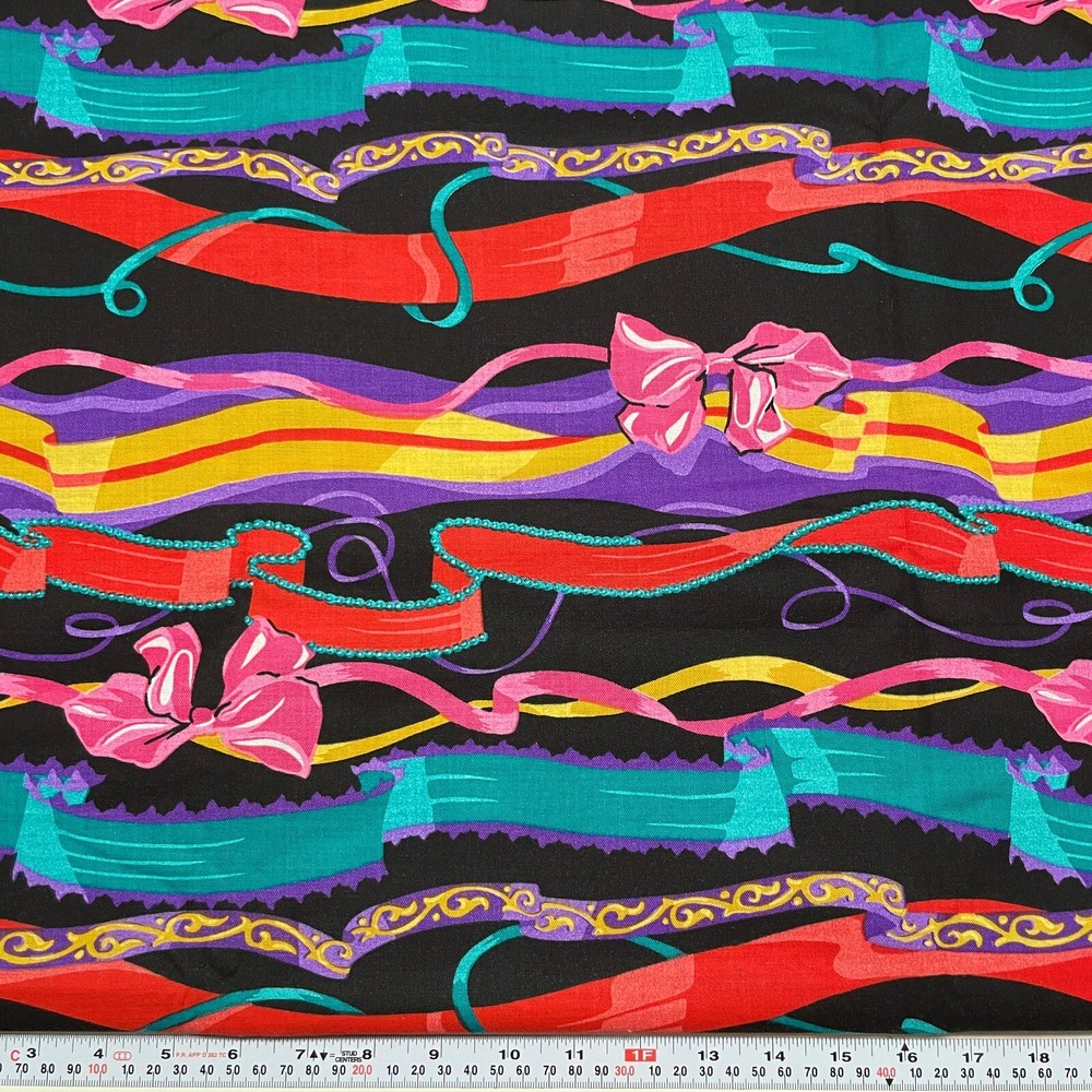 Vintage Tandem Textiles Ribbons and Bows on Black Fabric 4 yards x 60″
