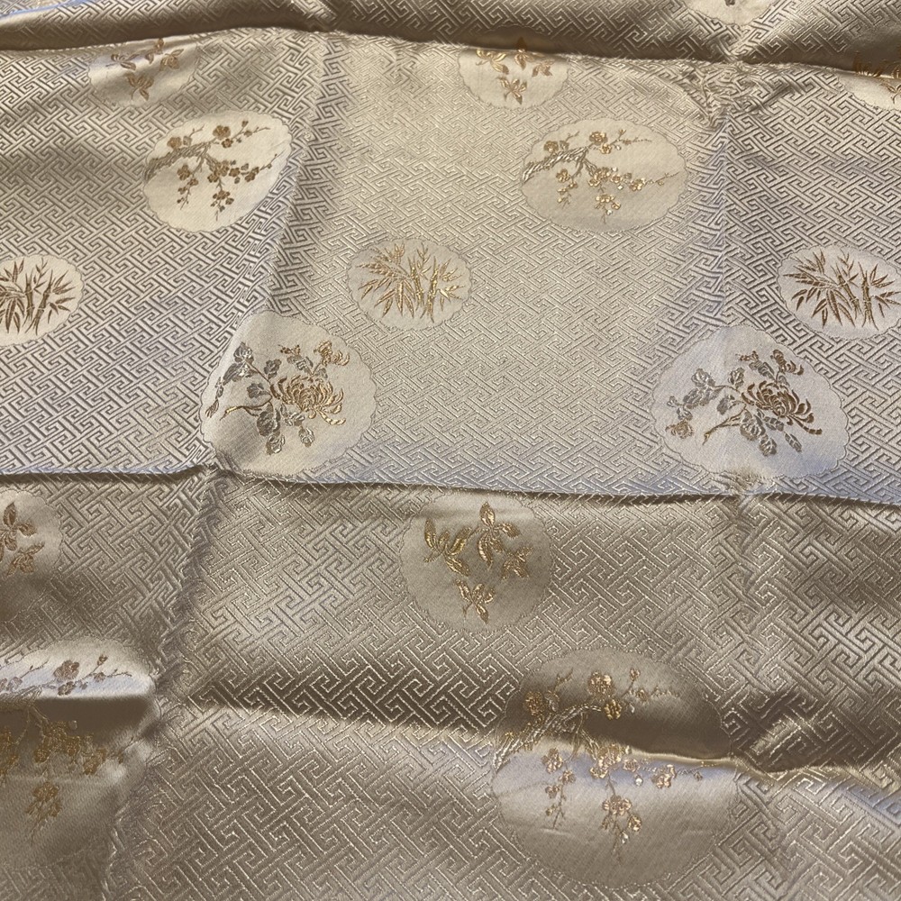 Over 2 yards ~ Asian brocade fabric Peach with Gold and Cream flowers. Wide 28”