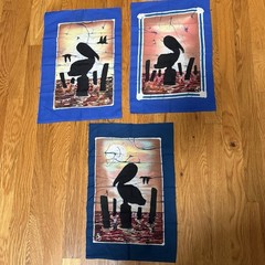 Lot Of 3 Vintage Pelican Batik Fabric Art Panels Coastal Sunset 11.5-17.5