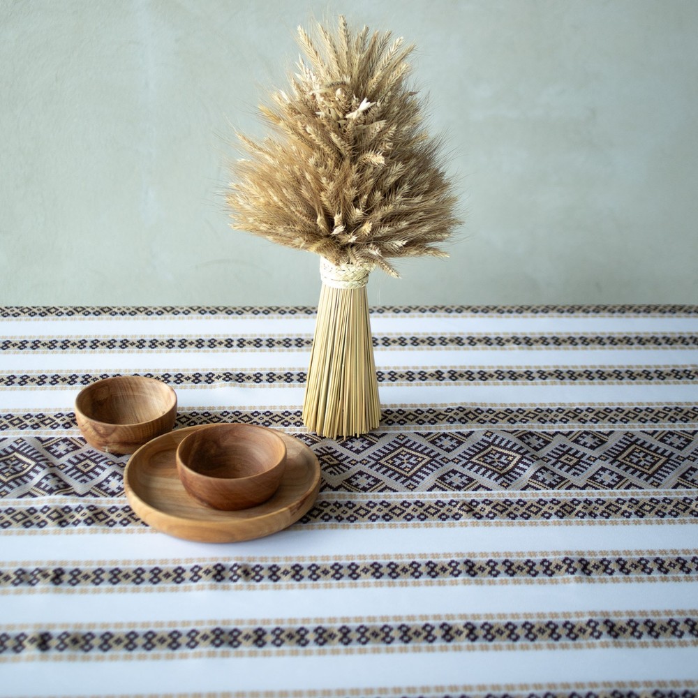 Ukrainian Decorative woven Tablecloth White Beige Black Rustic Hutsul pattern
