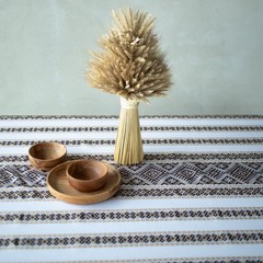 Ukrainian Decorative woven Tablecloth White Beige Black Rustic Hutsul pattern