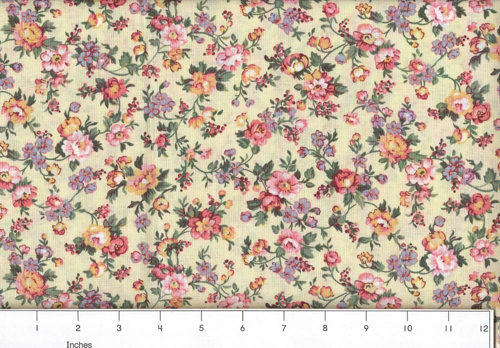 100% Cotton Fabric BTY (BY THE YARD) Cream Pastels Rose Pink Green Floral