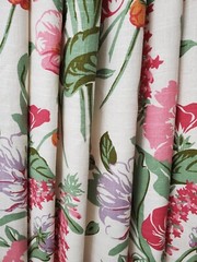 Floral Printed Linen Cotton Fabric Medium Weight Slub Cotton Flower Drapery Pink