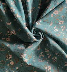 Teal Cotton Shirting from Japan, w/ White Meadow Flowers & Green Accents