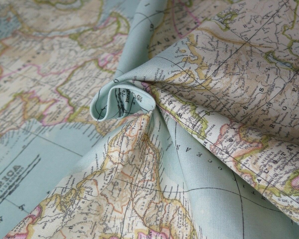 WORLD MAP 2 Globe Atlas Furnishing Fabric Cotton Material 55” wide SKY BLUE