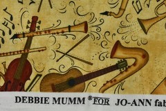 By 1/2 Yd, Burgundy & Tan Musical Instrument on Gold Cotton, Jo-Ann, Mumm, P9222