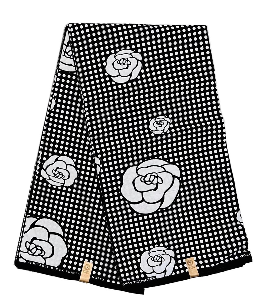 African Fabric/ Ankara – Black, White ‘Black Coffee in Kigali’ Yard or Wholesale