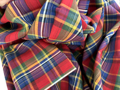 VTG 1 Yd 45X33″ Navy Blue Green Red Yellow PLAID Print Cotton QUILT FABRIC