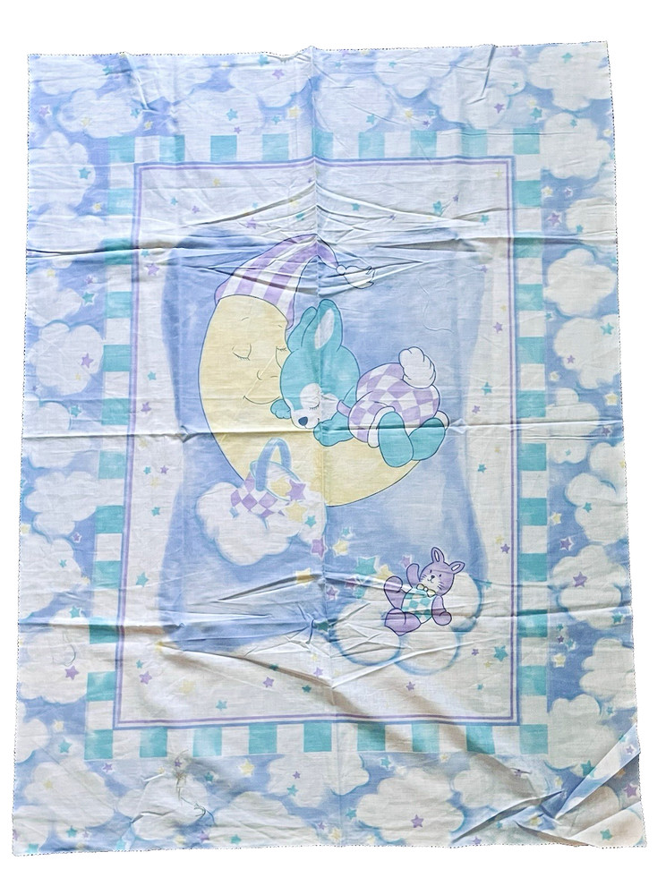 VTG ‘90’s Sleeping Moon & Bunnies Pastel Crib Quilt Wall Hanging Panel 44″x33″