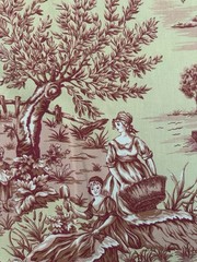 Red French Toile Scenic Cotton Upholstery Fabric 56″W – Vintage, By the Yard