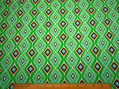 Southwest Fabric By The Yard Tribal Red Blue White on Green Premium Cotton C