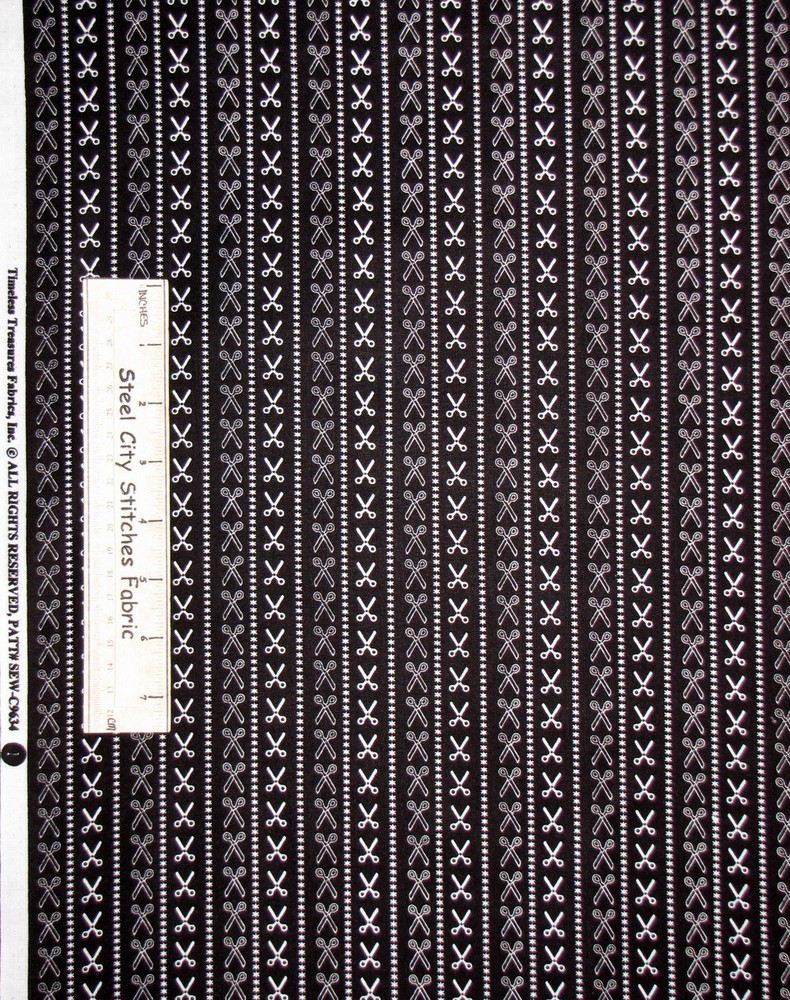 Sewing Theme Scissor Stripe Black Cotton Fabric Timeless Treasures C9634 By Yard