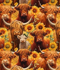Whimsical Highland Cows, Cow, Flowers Fabric! 1yd•BTY•Cotton•So Cute! Fast Ship!