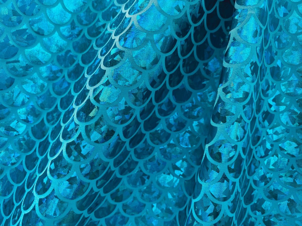 MERMAID Scale Fabric Fish Tail Material Stretch Spandex 59″ wide Aqua on Blue