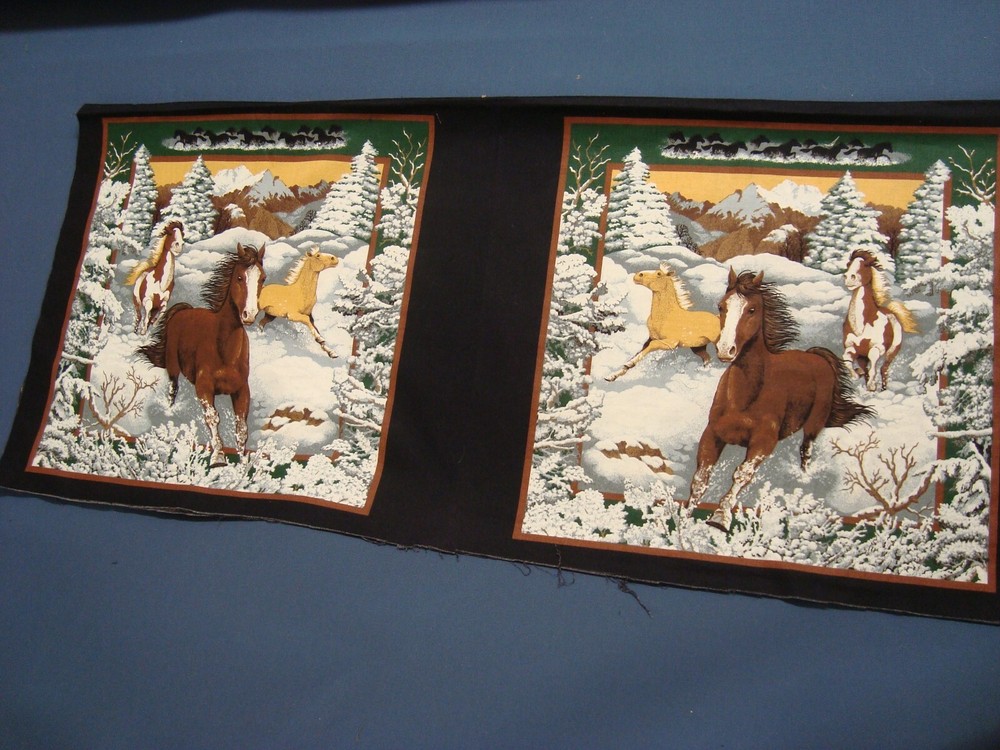 Wild Horses Fabric 2 PANEL Blocks 100% Cotton for Pillows Crafts 38″ x 17″