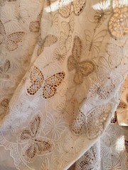 Cotton Fabric with Butterflies, Sequins, Eyelet Lace Beige Color Embroidered