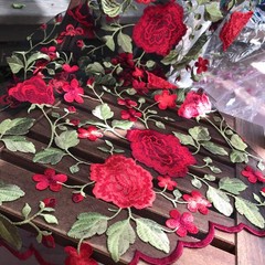 Iris RED Floral and Leaves Embroidery on BLACK Mesh Lace Fabric by the Yard – 1