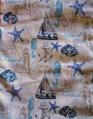 Nautical Beach Print Fabric Sailboat Anchor Seahorse Beige Blue Theme