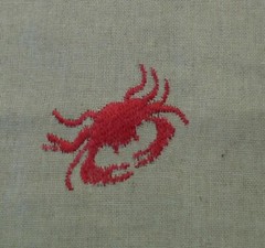 Red Crab Embroidered Linen Look Fabric 3-5/8+ yd (132″l) 54″w Natural Flax color