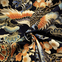Cranes, Tortoises, on Navy Blue Japanese Cotton Dobby Shirting w/ Gold Metallic