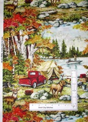 Tahoe Scenic Campground Fabric Trees Deer Tent Dog Cotton by Oasis By The Yard