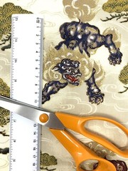 Japanese foo dog fabric, metallic lion fu dog, ivory gold, oriental chinese