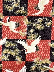 Japanese fabric cranes birds art deco black red gold heron stork asian chinese