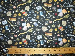 SEWING ITEMS THREAD SCISSORS MEASURING TAPE PIN CUSHION BLACK COTTON FABRIC FQ